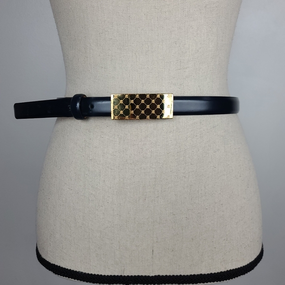 Brooks Brothers Black Leather Solid Brass Gold-Tone Buckle Belt With Logos - Picture 1 of 12